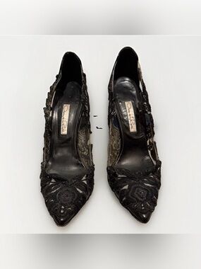 Oscar de la Renta Black Lace Embellished PVC Pumps Heels Italy Size 37